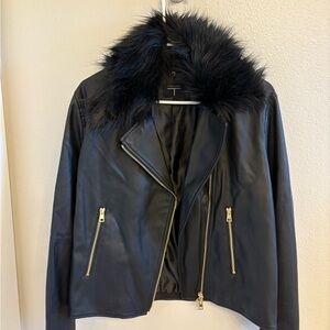 TAHARI Faux Fur Collar Black Leather Jacket